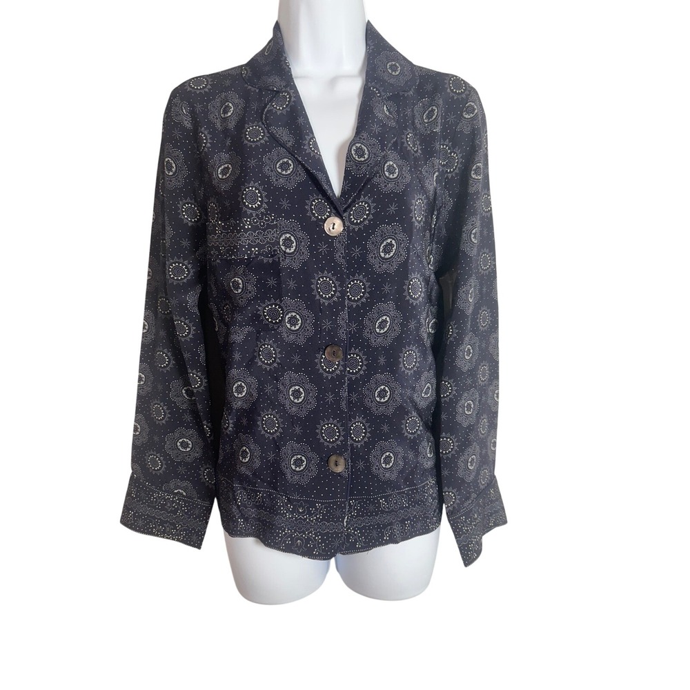 Warm NY 100% Silk Navy Blue Mandala Sunburst Button Down Top US XS NWT